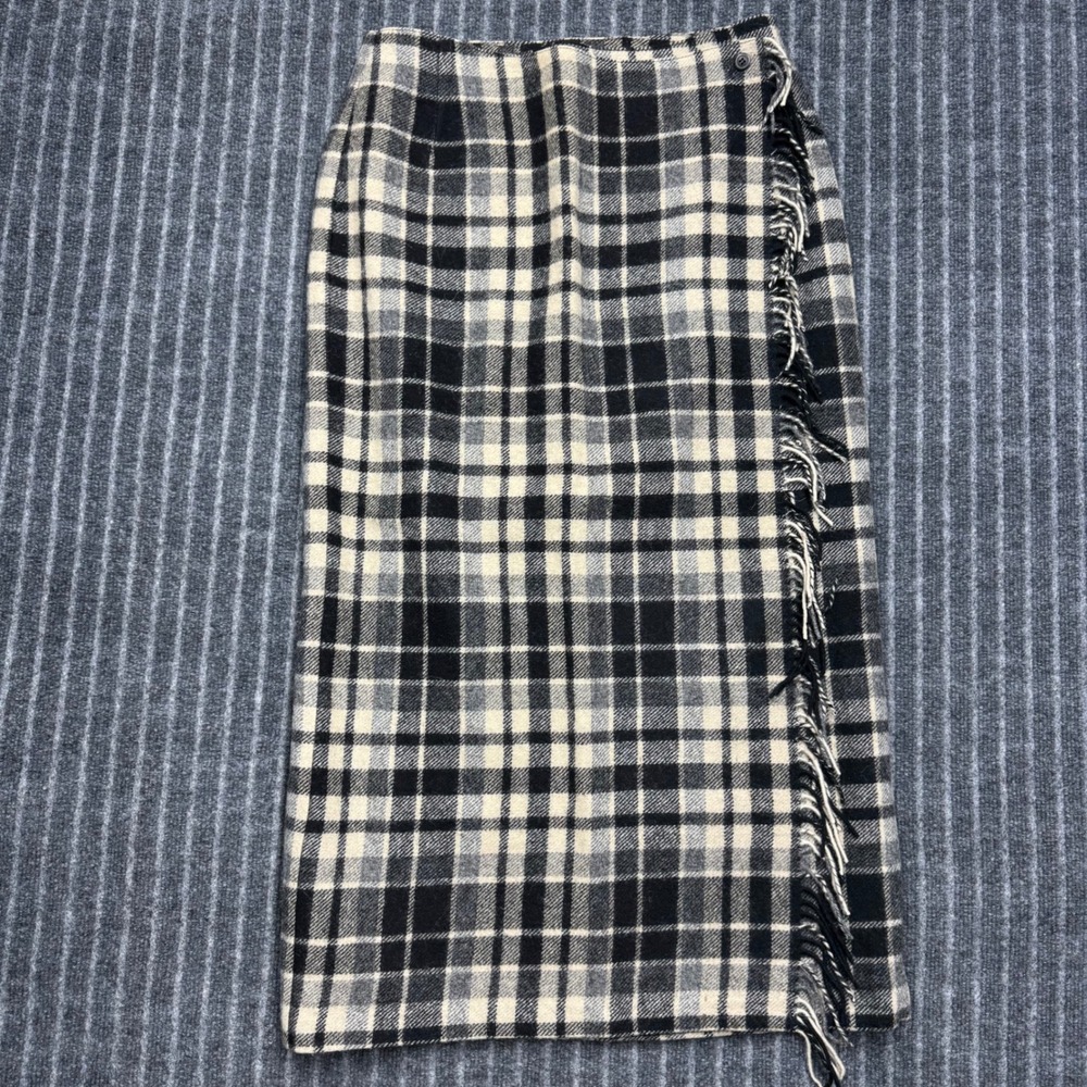 Eddie Bauer Legend Womens Blanket Skirt 12 Black Cream Plaid Wool Fringe Midi